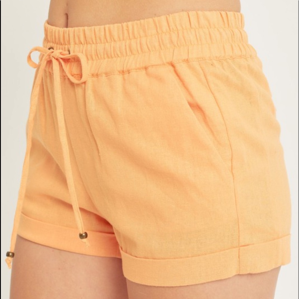Linen Shorts Drawstring Pull-On Style Side Pockets Smocked Elastic Waist Cuffed - Picture 4 of 4
